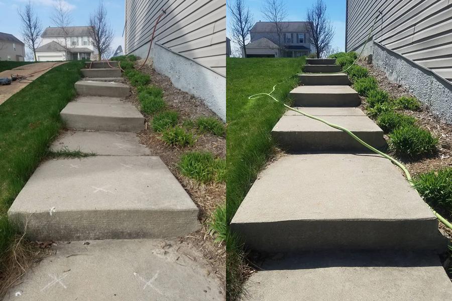 Before-and-after photos of a concrete stairway showing successful leveling using the concrete jacking process.