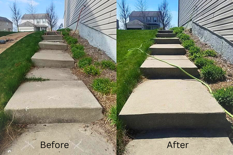 Side-by-side before and after photos showing a sunken sidewalk lifted with mudjacking in Medicine Hat, removing trip hazards and restoring an even walking surface.