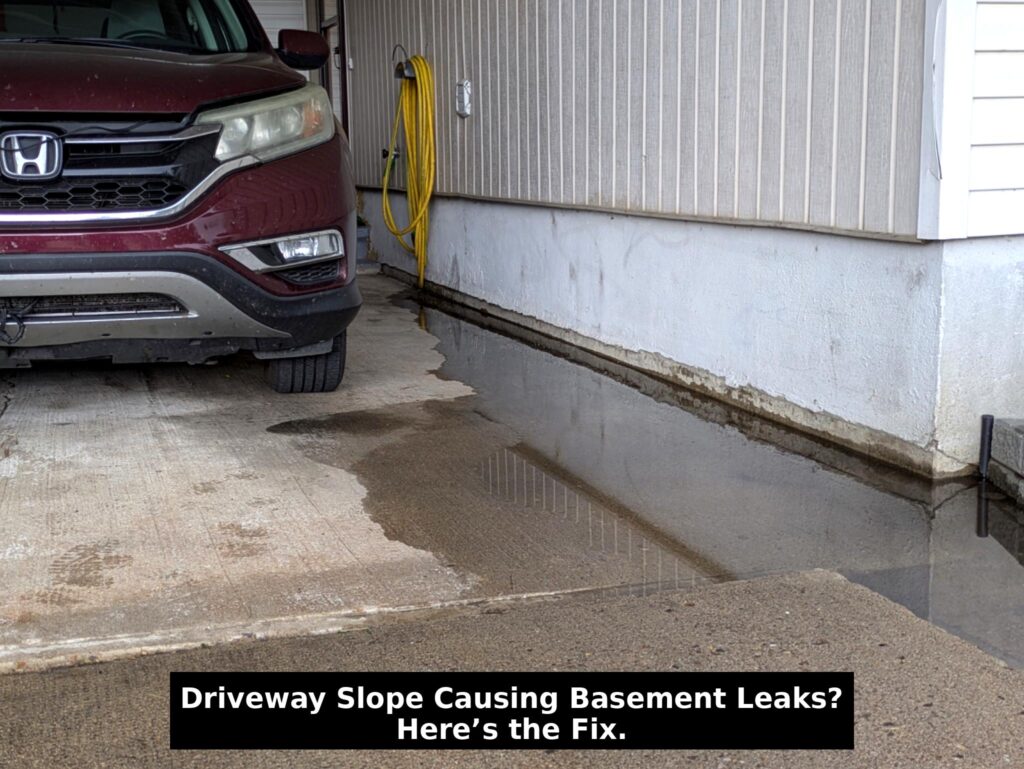 Feature image showing water pooling along the home foundation beside a driveway in Medicine Hat, highlighting poor slope before mudjacking repair.